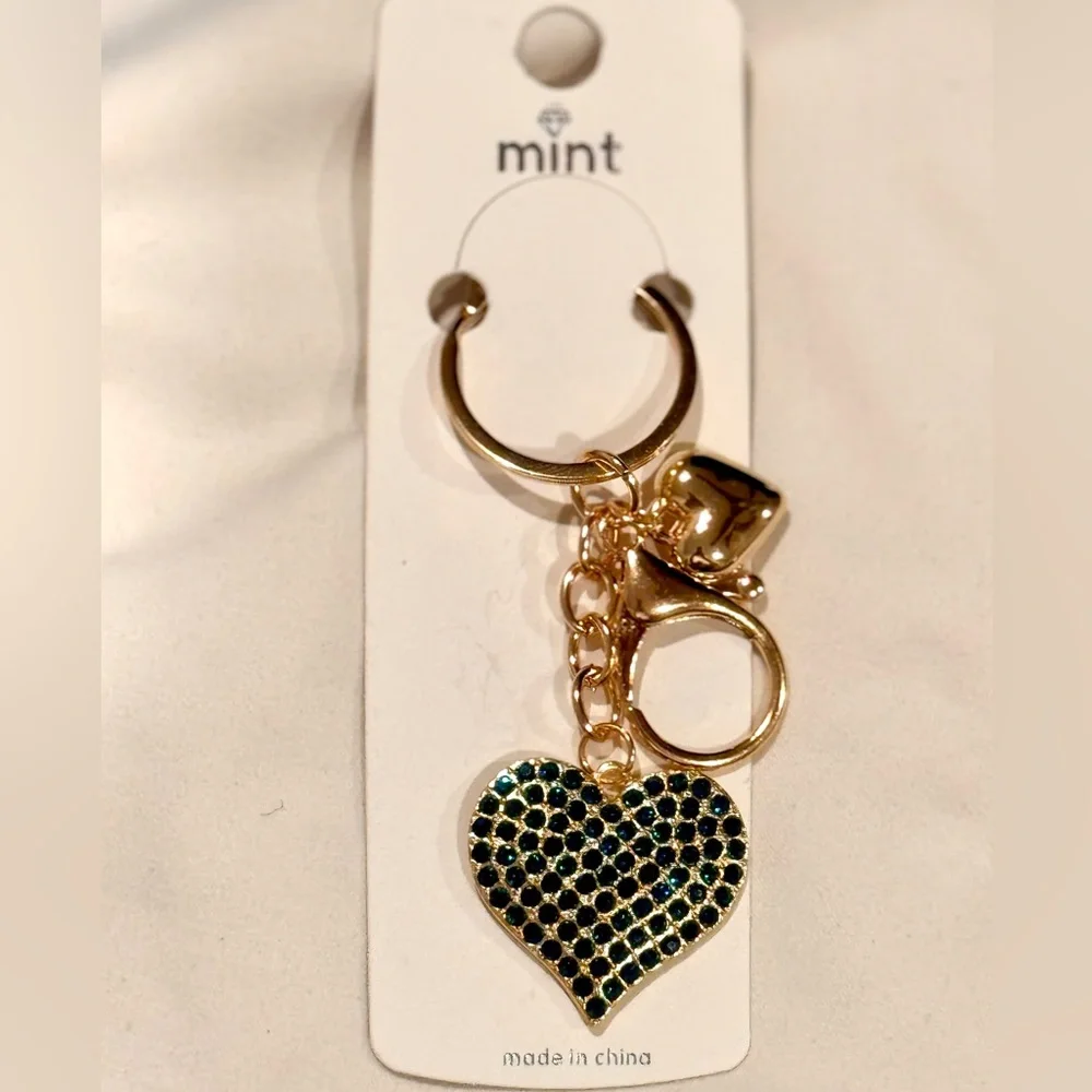 BAG CHARM Gold and Green Crystal Heart Keychain 3.5 inch